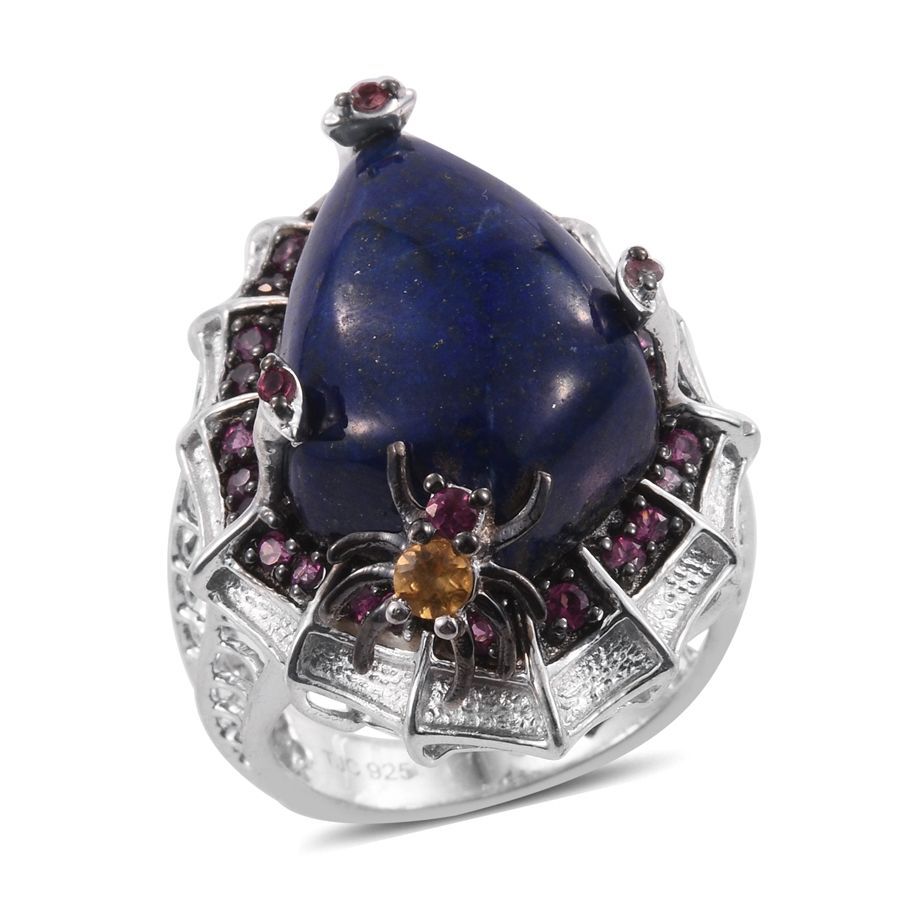 GP 20 Carat Lapis Lazuli and Multi Gemstone Halo Ring in Platinum Plated Silver