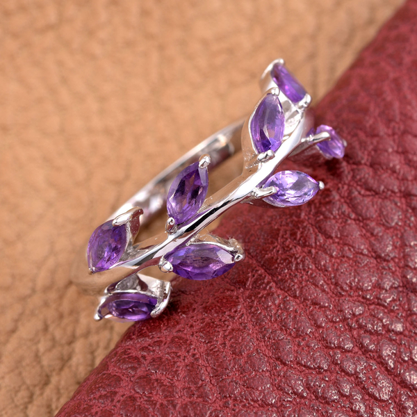 Kimberley Wild at Heart Collection Amethyst (Mrq) Leaves Ring in Platinum Overlay Sterling Silver 1.000 Ct.