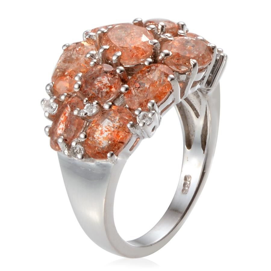 Tanzanian Sun Stone (Ovl), White Topaz Ring in Platinum Overlay Sterling Silver 5.500 Ct.