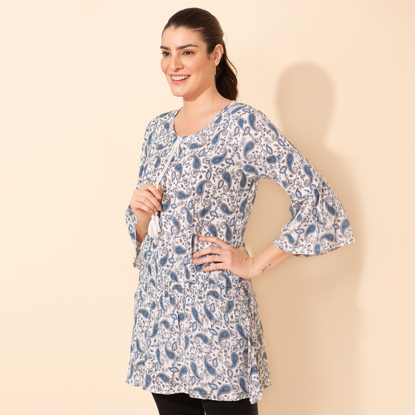 TAMSY 100% Viscose Printed Crepe Top (Size 22) - White & Blue
