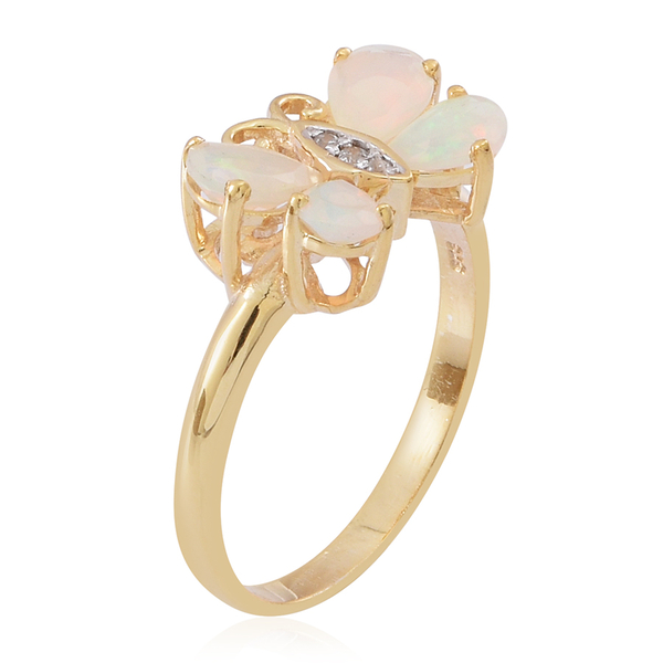 Ethiopian Welo Opal (Pear), Natural Cambodian White Zircon Butterfly Ring in 14K Gold Overlay Sterling Silver 1.500 Ct.
