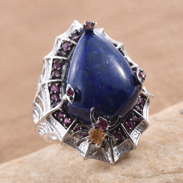 GP Lapis Lazuli, Citrine, Rhodolite Garnet and Kanchanaburi Blue Sapphire Ring in Platinum Overlay Sterling Silver 20.000 Ct.