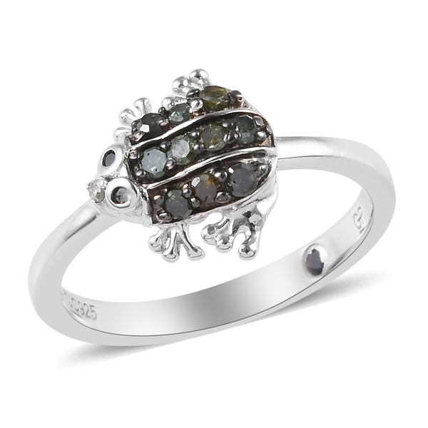 GP Green, Black and White Diamond (Rnd), Blue Sapphire Frog Ring in Platinum Overlay Sterling Silver