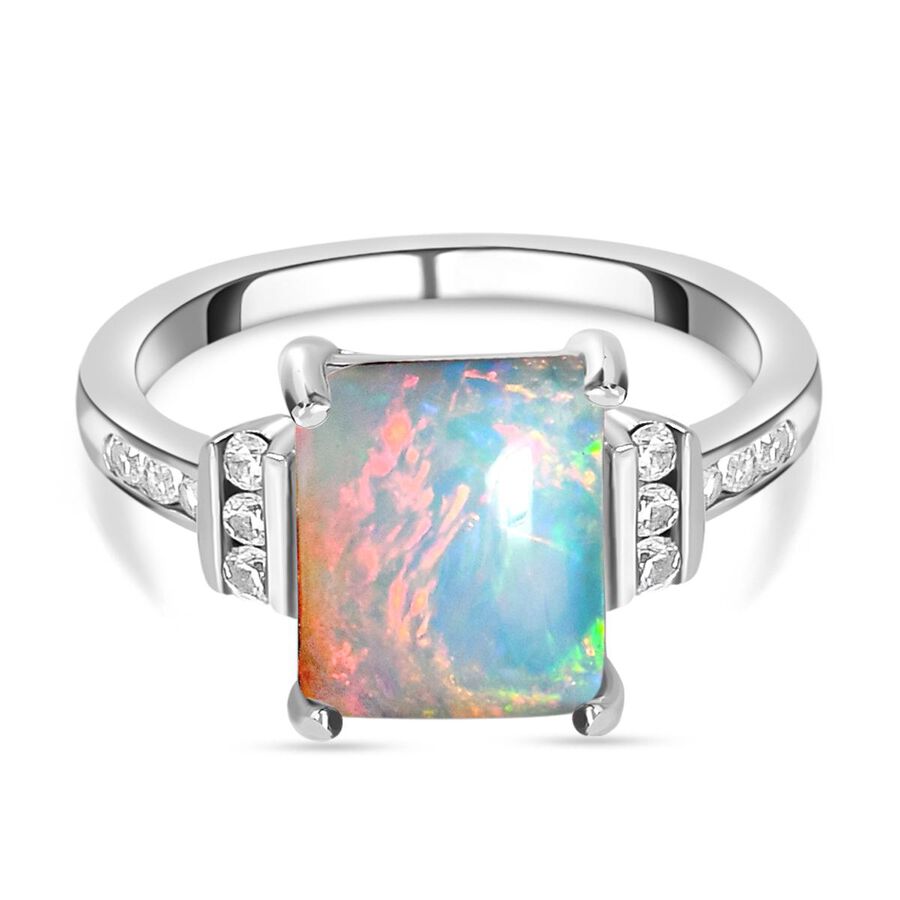 Ethiopian Welo Opal and Natural Zircon Ring in Platinum Overlay Sterling Silver 2.47 Ct.