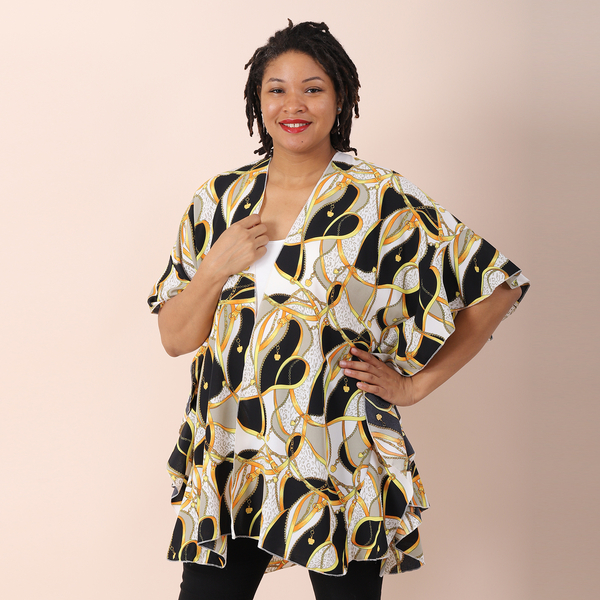 JOVIE Printed Kimono with Ruffle Sleeves - White, Black & Multi Colour