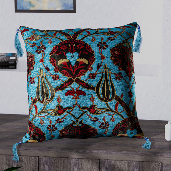Set of 2 - Turkish Cushion Covers with Zipper Closure (Size 44x42 cm) - Turquoise & Multi