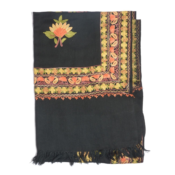 100% Fine Merino Wool Multi Colour Flowers Embroidered Black Colour Shawl (Size 180x70 Cm) with Suede Bag (Size 26x21 Cm)