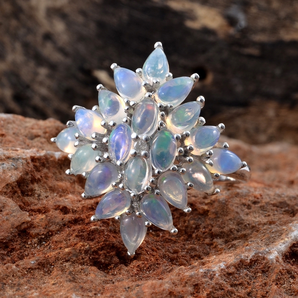 Ethiopian Welo Opal (Pear), Diamond Cluster Ring in Platinum Overlay Sterling Silver 3.000 Ct.