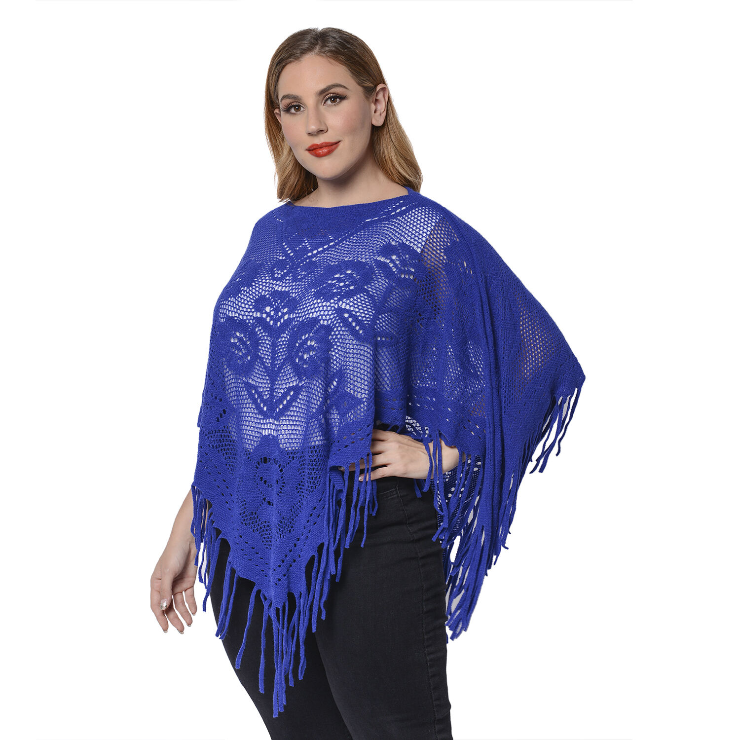 Spring Collection - Rose Pattern Hollow Out Poncho with Fringe Hem in Blue (Free Size; Length 50Cm)