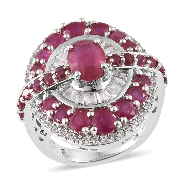 6.75 Ct African Ruby and Zircon Cluster Ring in Platinum Plated Silver 9.70 Grams
