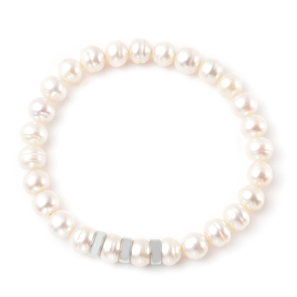 White Fresh Water Pearl  Bracelet (Size - 6.5) in Rhodium Overlay Sterling Silver 0.01 ct  0.010  Ct
