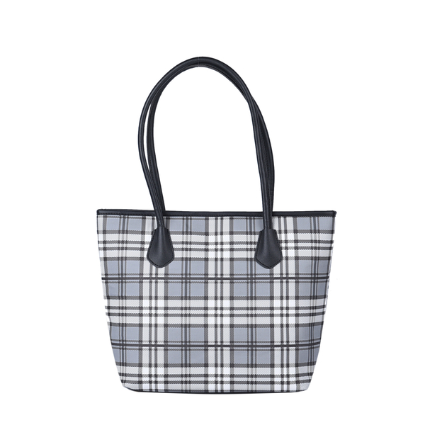 Closeout Deal Plaid Pattern Tote Bag with Shouder Strap - Grey & White