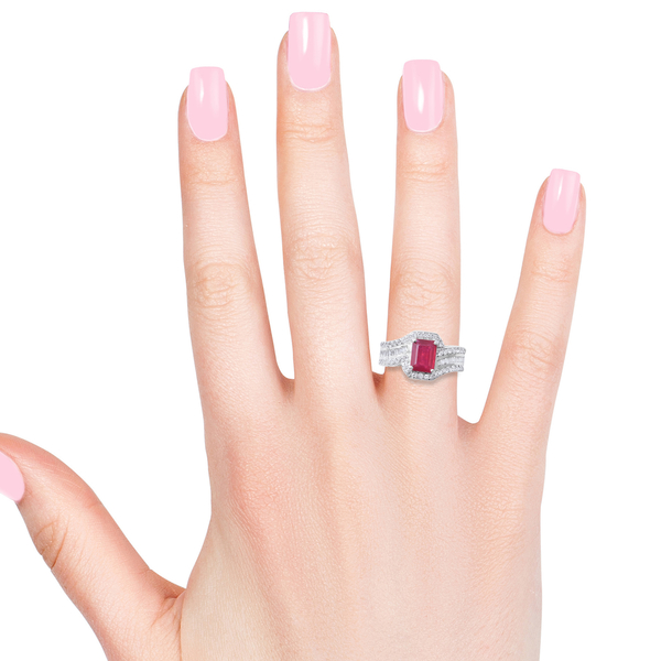 African Ruby (Oct 3.65 Ct), Natural White Cambodian Zircon Ring in Rhodium Overlay Sterling Silver 4.420 Ct, Silver wt 6.12 Gms.