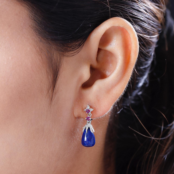 GP - Lapis Lazuli, Rhodolite Garnet and Kanchanaburi Blue Sapphire Dangling Earrings (With Push Back) in Platinum Overlay Sterling Silver 10.94 Ct.