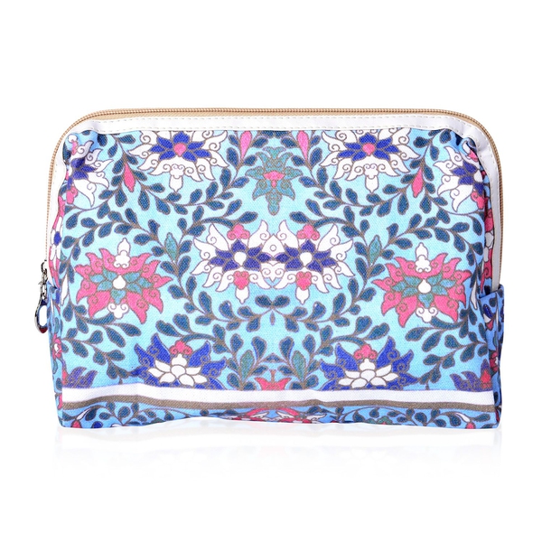 Set of 2 - Blue, Pink and Multi Colour Floral Pattern Cosmetic Bag (Size Large 26X17X9 Cm and Small 15X11X7 Cm)