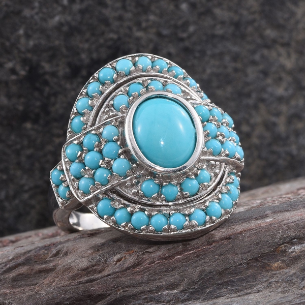 Arizona Sleeping Beauty Turquoise (Ovl 1.65 Ct) Abstract Ring in Platinum Overlay Sterling Silver 3.500 Ct. Silver wt 6.65 Gms.