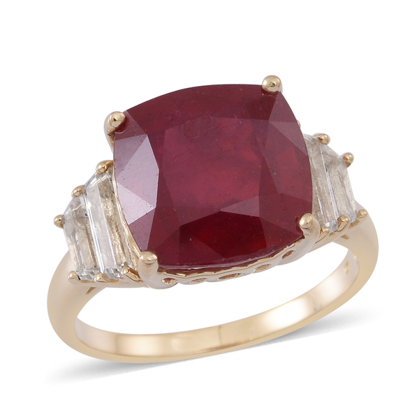 9K Y Gold African Ruby (Cush 11.00 Ct), White Topaz Ring 12.000 Ct.