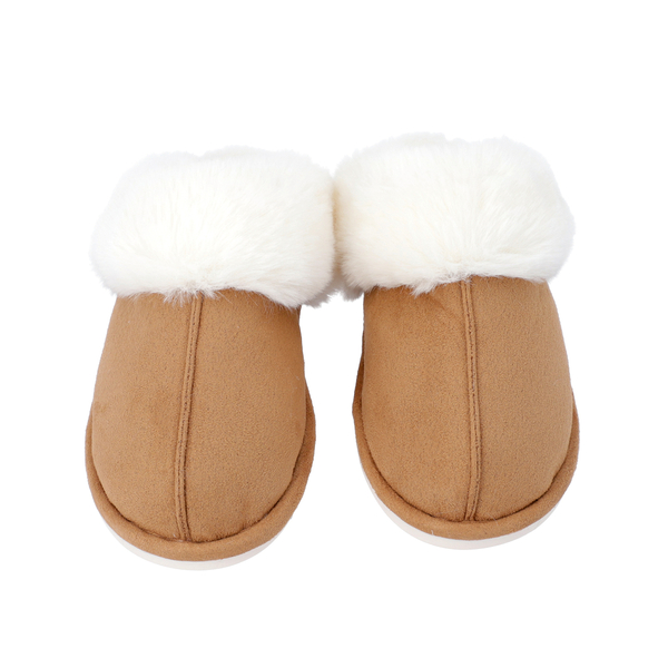 Super Soft Suedette Home Slippers with Faux Fur (Size L: 7-8) - Coffee