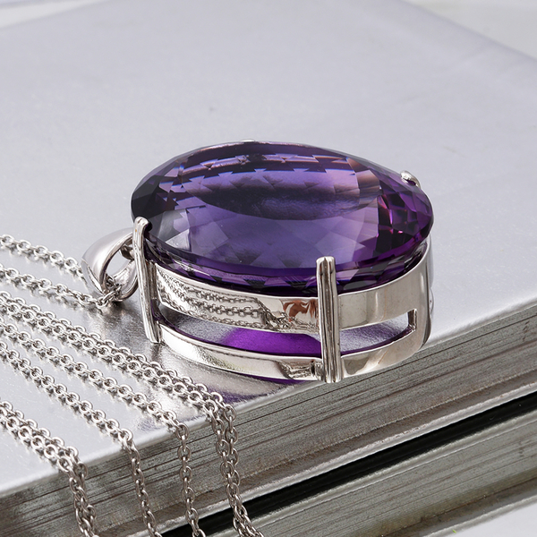 Super Find - AAAA Lusaka Amethyst Pendant with Chain (Size 24) in Rhodium Overlay Sterling Silver 102.00 Ct.