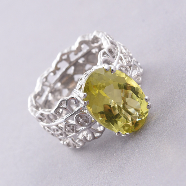 Natural Green Gold Quartz (Ovl) Solitaire Ring in Platinum Overlay Sterling Silver 5.750 Ct.