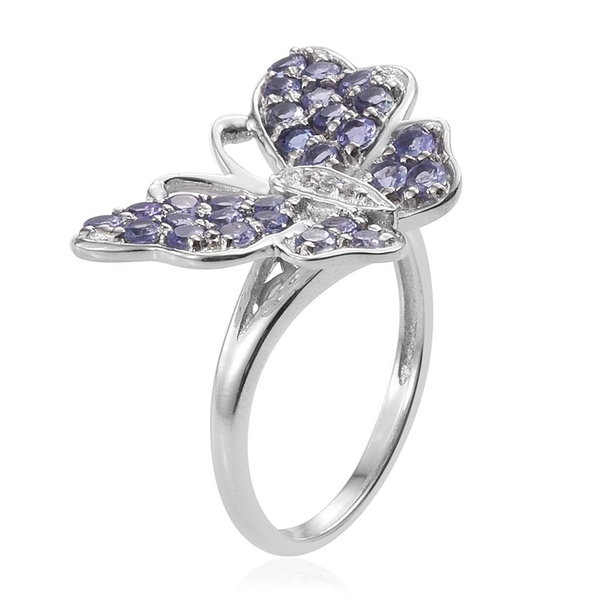 Tanzanite (Rnd), Natural Cambodian Zircon Butterfly Ring in Platinum Overlay Sterling Silver 1.500 Ct.