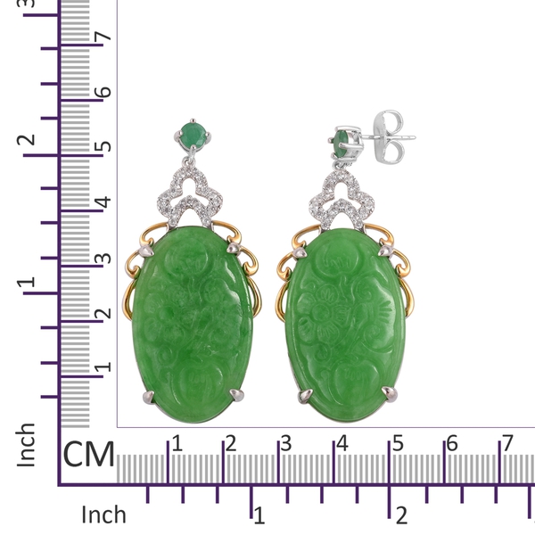 Hand Carved Green Jade (Ovl), Zambian Emerald and Natural White Cambodian Zircon Flower Earrings (with Push Back) in Rhodium and Gold Overlay Sterling Silver 59.900 Ct
