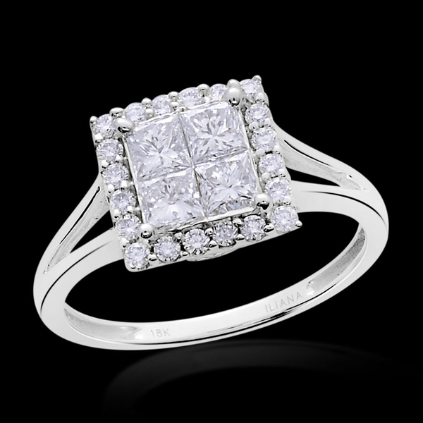 ILIANA 18K White Gold IGI Certified Diamond (Sqr) (SI G-H) Princess Cluster Ring 1.000 Ct.