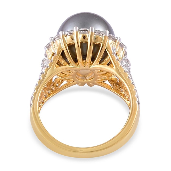Tahitian Pearl (Rnd), White Zircon Ring in Yellow Gold Overlay Sterling Silver