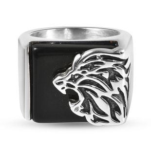 Black Agate Lion Ring With Oxidised  in Stainless Steel 9.00 Ct.