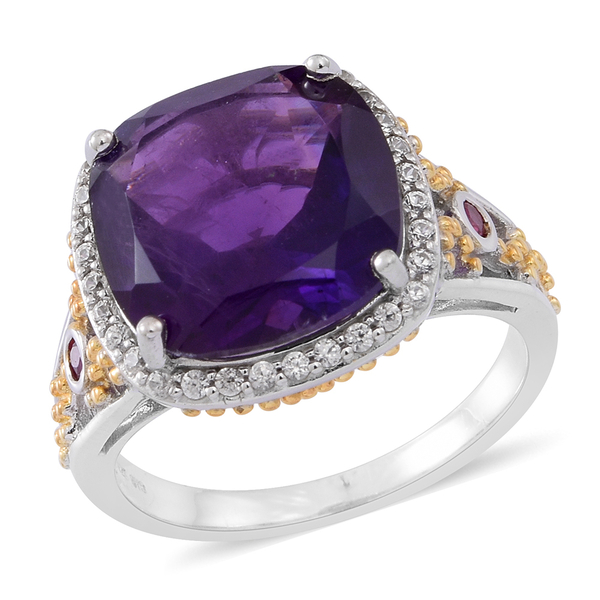 Lusaka Amethyst (Cush 8.00 Ct), Ruby and Natural White Cambodian Zircon Ring in Rhodium Plated Sterl