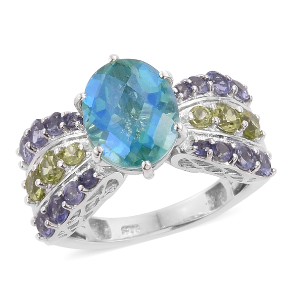 Peacock Quartz (Ovl 3.10 Ct), Iolite and Hebei Peridot Ring in Platinum Overlay Sterling Silver 4.50