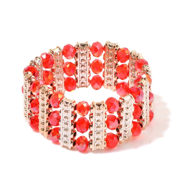 Red Glass and Simulated Stones Stretchable Bracelet (Size 7.5) in Gold Tone