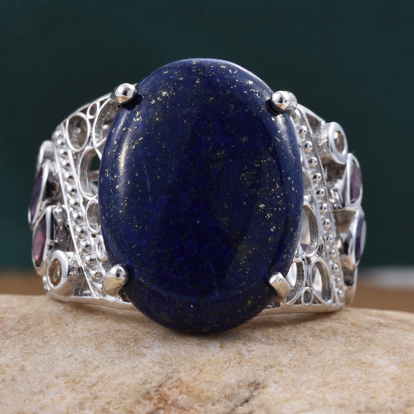 GP Lapis Lazuli (Ovl 20.75 Ct), Chrome Diopside, Amethyst, Rhodolite Garnet, Citrine and Kanchanaburi Blue Sapphire Ring in Platinum Overlay Sterling Silver 22.000 Ct.