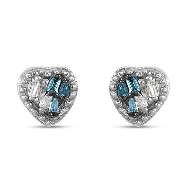 Blue and White Diamond Heart Stud Earrings (with Push Back) in Platinum Overlay Sterling Silver