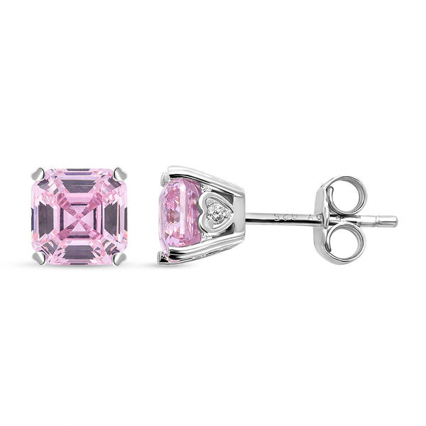 ELANZA Simulated Pink Sapphire (Asscher Cut) and Simulated Diamond Stud Earrings (With Push Back)in Rhodium Overlay Sterling Silver