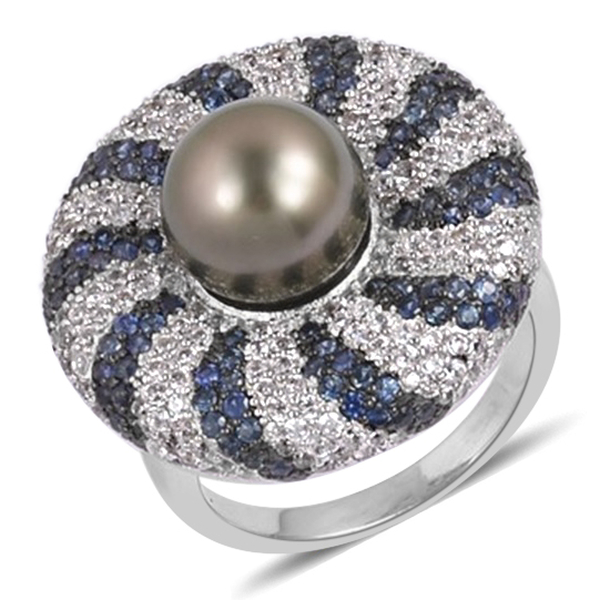 Tahitian Pearl, Natural White Cambodian Zircon and Madagascar Blue Sapphire Ring in Black Rhodium Pl