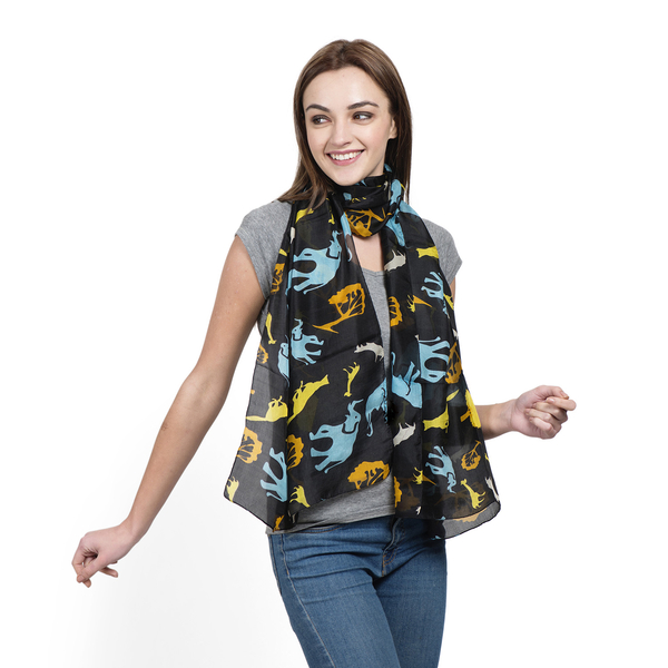 100% Mulberry Silk Black and Multi Colour Animal Pattern Printed Scarf (Size 180x50 Cm)