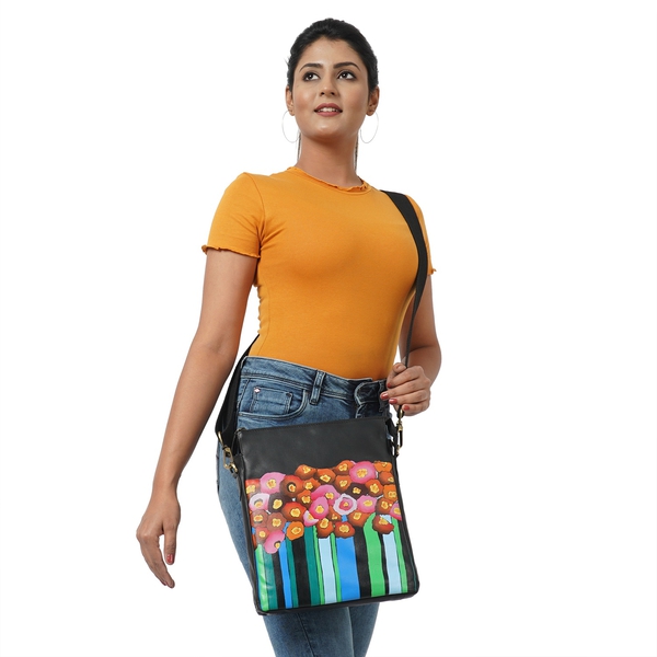 SUKRITI 100% Genuine Leather Multi Colour Floral  Crossbody Bag (Size 29.5x25x4cm) with Detachable and Adjustable Shoulder Strap - Black