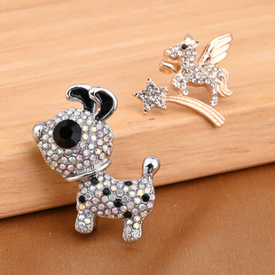 Set of 2 - Multi Colour Austrian Crystal Enamelled Brooch in Silver & Yellow Gold Tone - Dog & Unicorn