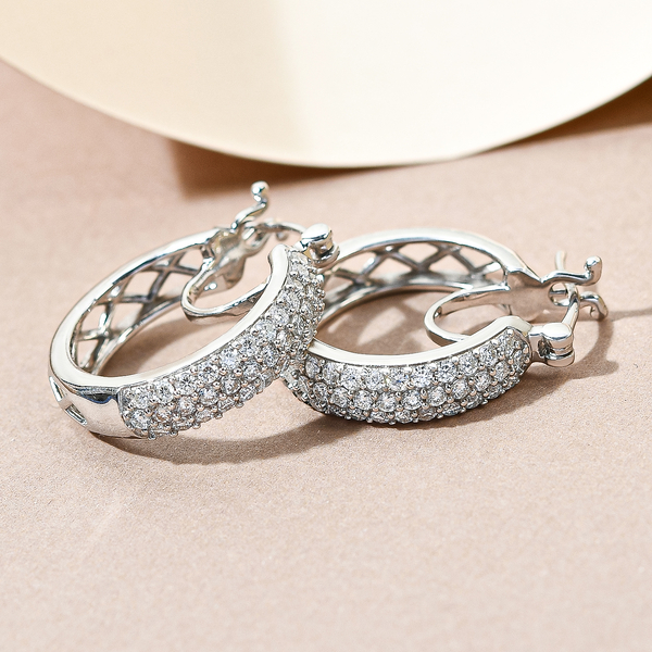 Moissanite Full Hoop Earrings (With Clasp) in Platinum Overlay Sterling Silver 1.55 Ct, Silver Wt. 8.23 Gms