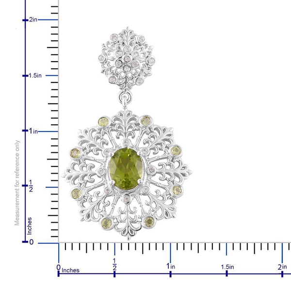 AA Hebei Peridot (Ovl), White Topaz Earrings (with Push Back) in Platinum Overlay Sterling Silver 5.400 Ct.