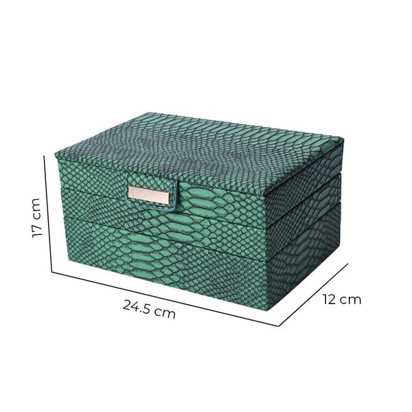 Three- Layer Jewellery Box with Light Pink Velvet Dust Cover on the Second and Third Layer (Size 24.5x17x12cm) - Dark Green