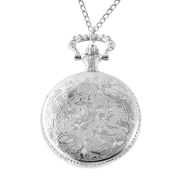GENOA Japanese Movement Water Resistant Rose Carved Lapis Pocket Watch with Chain (Size 31) in Silver Tone
