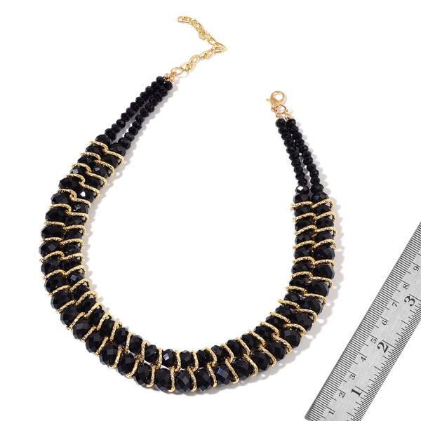 Simulated Black Spinel Necklace (Size 18 with 2 inch Extender) and Stretchable Bracelet (Size 7.50) in Gold Tone