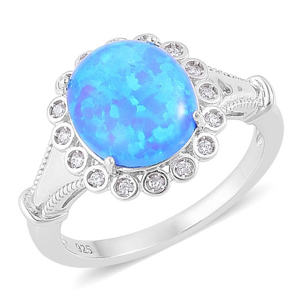 New Concept - AAAA Simulated Ocean Blue Opal and Simulated White Diamond Ring in Rhodium Plated Ster