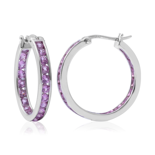 3.65 Ct AAA Pink Sapphire Hoop Earrings in Rhodium Plated Sterling Silver 5.15 Grams