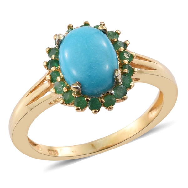 Arizona Sleeping Beauty Turquoise (Ovl 1.45 Ct), Kagem Zambian Emerald Ring in 14K Gold Overlay Ster