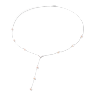 Japanese Akoya Pearl and Natural Cambodian Zircon Lariat Necklace (Size 26) in Rhodium Overlay Sterl