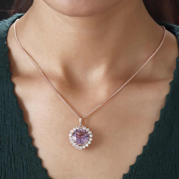 Rose De France Amethyst and Natural Cambodian Zircon Heart Pendant with Chain (Size 18) in Rose Gold Overlay Sterling Silver 12.97 Ct, Silver Wt. 7.68 Gms