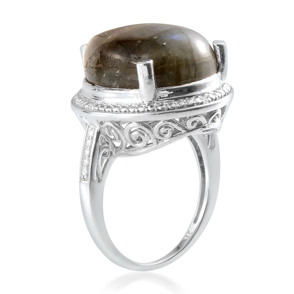 Labradorite (Pear 14.00 Ct), Diamond Ring in Platinum Overlay Sterling Silver 14.020 Ct.
